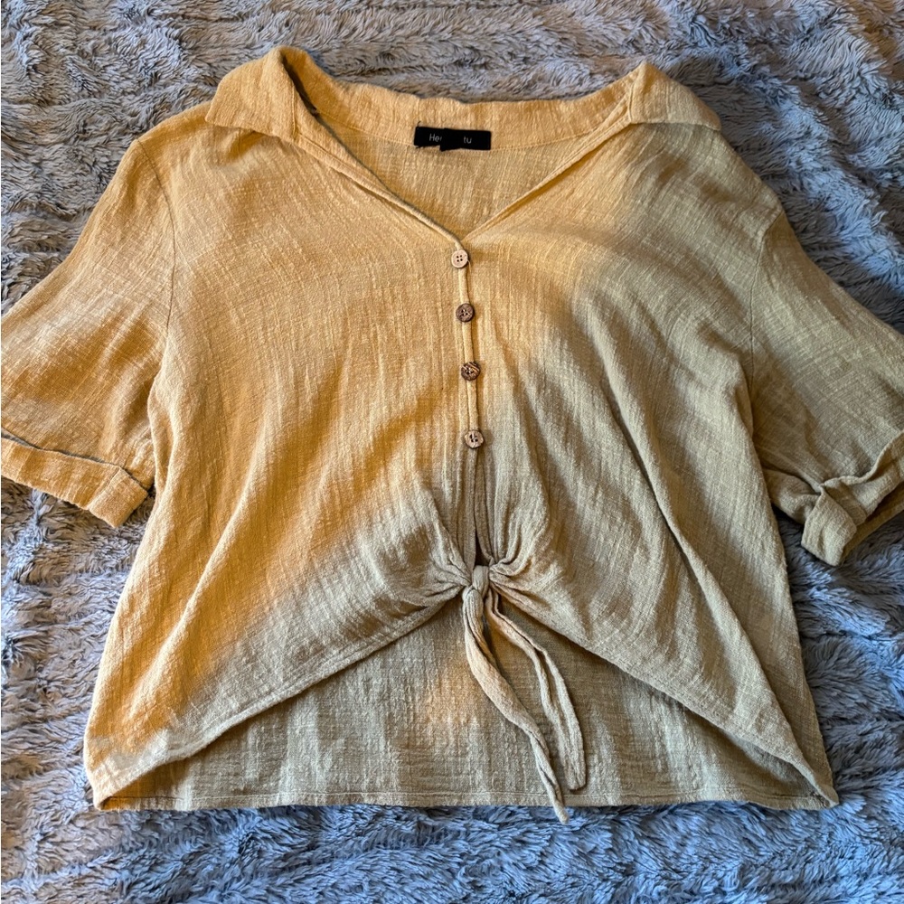Women's Yellow Button-Down Tie-Front Top